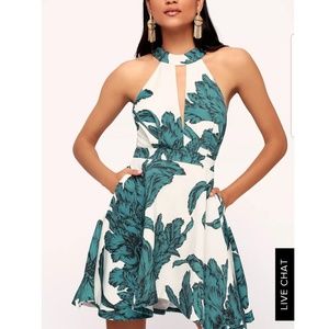 IVORY LEAF PRINT HALTER SKATER DRESS
